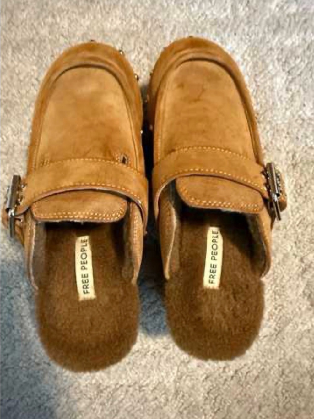 Free People Suede Shearling Studded Clogs Mules Buckle Size 6 - Picture 2 of 9